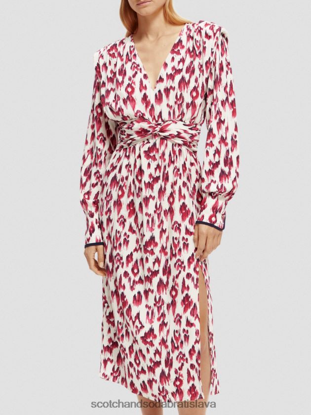 ženy oblečenie kartáčovaný ikat čerešňový koláč Scotch & Soda Midi šaty s véčkovým výstrihom a dlhým rukávom 4ZV00D38