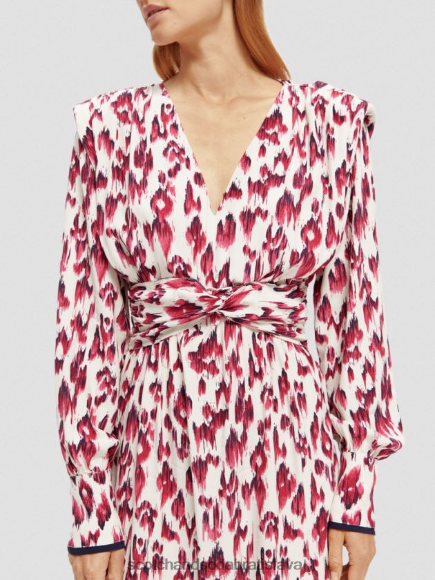 ženy oblečenie kartáčovaný ikat čerešňový koláč Scotch & Soda Midi šaty s véčkovým výstrihom a dlhým rukávom 4ZV00D38