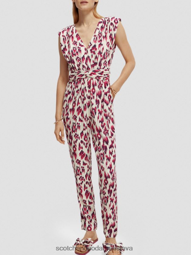 ženy oblečenie kartáčovaný ikat čerešňový koláč Scotch & Soda overal s véčkovým výstrihom s opaskom 4ZV00D16