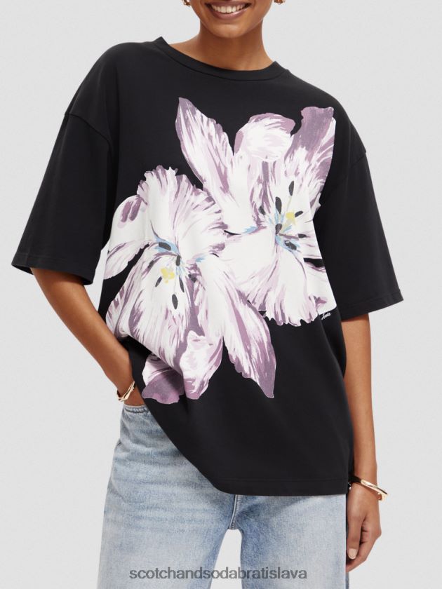 ženy oblečenie tulipán dvojča čierny ónyx Scotch & Soda nadrozmerné organické tričko s kvetinovým vzorom 4ZV00D66